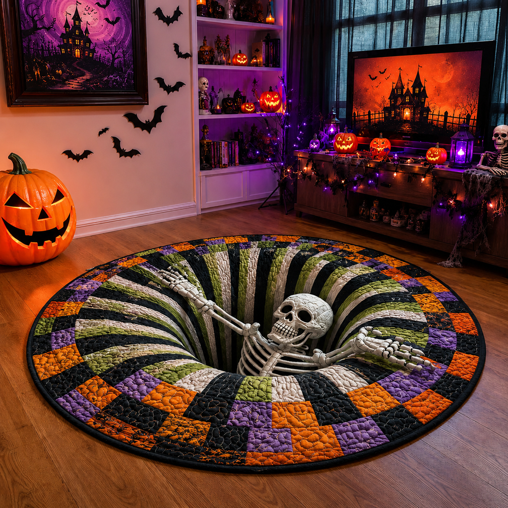 🎃3D Skeleton Vortex Quilted Round Halloween Rug